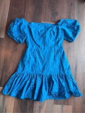 Milly Bright Blue Eyelet Off-Shoulder Mini Dress